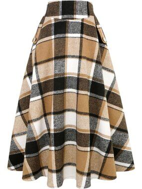 Women's Brown Plaid Fall Winter High Waisted Wool Plaid A-line Long Maxi Skirt